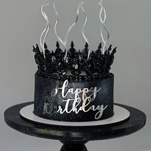Decoration de gateau Happy Birthday en acrylique pour fete d'anniversaire couronne noire chic