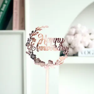 Décoration de gâteau en acrylique or rose Happy Anniversary design floral accessoire fête dessert