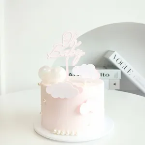 Σετ διακόσμησης τούρτας baby shower με επιγραφή Oh Baby και ροζ σύννεφα για πάρτι.