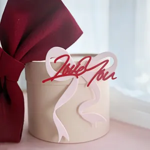 Close-up detail of romantic Valentine's Day acrylic cake topper with red love bow decor.