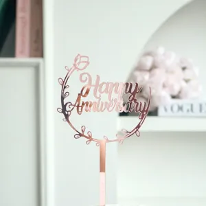 Topper de gâteau Happy Anniversary en acrylique miroir or rose décoration de fête.