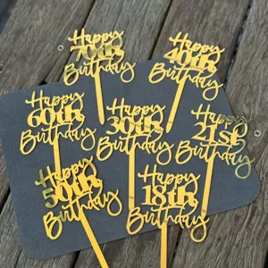 Gold acrylic happy birthday cake toppers set number 18 21 30 40 50 60 70 party decorations