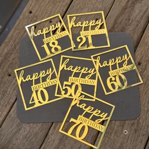 Detail shot of gold acrylic happy birthday cake topper with numbers, perfect for party decor.