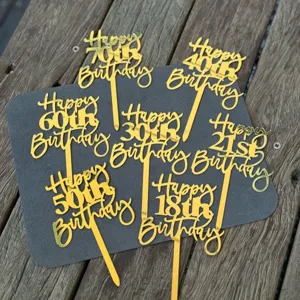 Gold Acrylic Happy Birthday Cake Topper With Numbers 18 21 30 40 50 60 70 Mirror Finish Birthday Party Cake Decoration Supplies