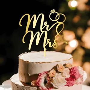Gold Mr Mrs acrylic cake topper with diamond ring design for wedding party dessert decoration