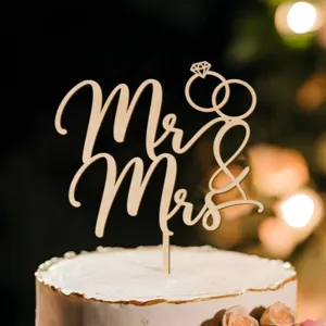 Wooden Mr and Mrs cake topper for wedding, engagement and party decoration with ring design.