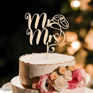 Wooden Mr and Mrs cake topper with wedding rings design, perfect for rustic wedding and engagement party.