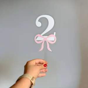 Birthday cake topper number 2 with pink bow acrylic dessert decoration party supplies.