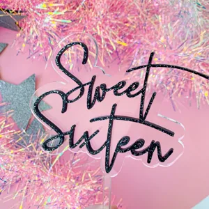 Acrylic Sweet Sixteen cake topper black glitter 16th birthday party cake decoration.