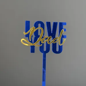 Acrylic Dad cake topper detail showing the elegant blue and gold love you design clearly.