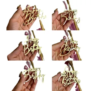 Gold Acryl Happy Birthday Kuchendeckel Set, verschiedene elegante Schreibschriften Stile.