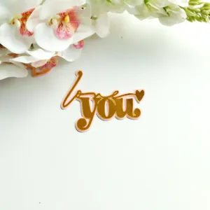 Detail view of double-layer acrylic cake topper with golden you lettering and pink accent.