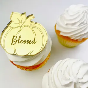 Topper Cupcake Calabaza Acrílico Dorado Blessed Decoración Pastel Fiesta Acción Gracias