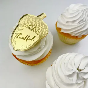 Adorno de cupcake de acrílico dorado bellota Thankful fiesta de Acción de Gracias 1pc