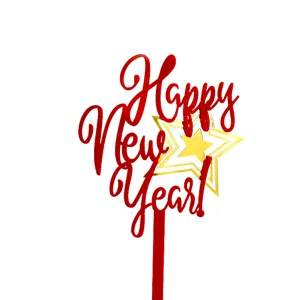 Red acrylic Happy New Year cake topper with gold star design for holiday party decorations.