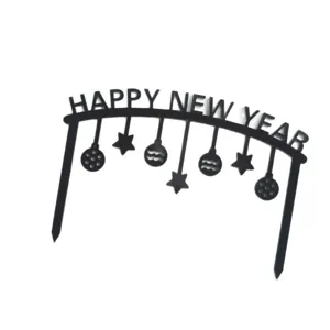 Black acrylic Happy New Year cake topper arch with hanging stars and baubles for bakery decor.