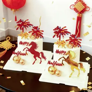 2026 Year Of The Horse Cake Topper Acrylic Happy New Year Cake Decorations Fireworks Design Chinese New Year Party Baking Decor Accessories