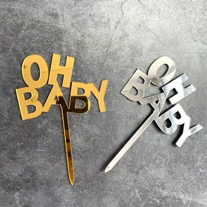 Décorations de gâteau OH BABY en acrylique or et argent, vue détaillée pour fête d'anniversaire.