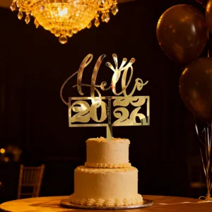 Gold acrylic Hello New Year cake topper, perfect for party and holiday celebration decorations.