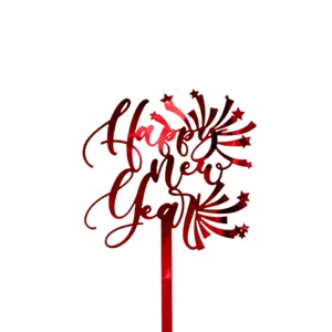 Red reflective acrylic Happy New Year cake topper detail view for party celebration decor.