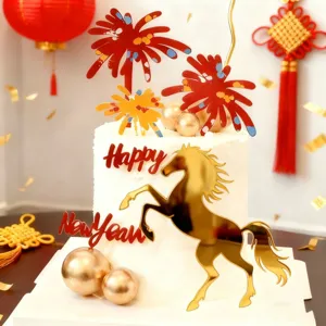 New year cake topper set golden horse acrylic inserts happy new year party cake decorations
