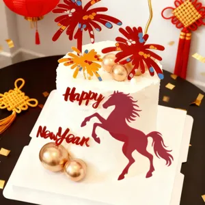 Details of New Year acrylic cake topper set, horse and fireworks decoration for celebration.