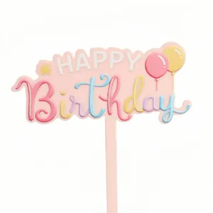 Rosa Acryl Happy Birthday Kuchendekoration mit buntem Ballon Druck für deine Party.