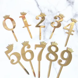 Gold Glitzer Krone Zahlen Acryl Tortenaufleger Set 0-9 für Geburtstag Backen Dessert Deko