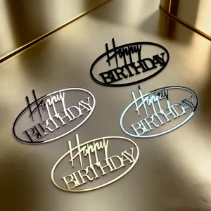 Acryl Happy Birthday Kuchendekoration Ovale Seiten-Deko in Schwarz Gold Silber Farben.