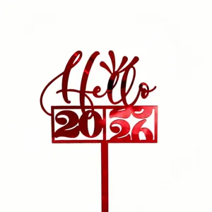 Red acrylic New Year cake topper, Hello 2026 party decoration, festive dessert insert.