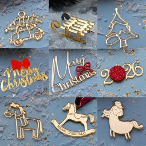 Detalles de árbol de Navidad acrílico, caballo y adornos para tartas de Feliz Navidad.