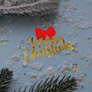 Adorno para tarta de Navidad acrílico dorado Feliz Navidad con lazo rojo decoración