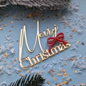 Decoración de tarta de Feliz Navidad de acrílico con lazo rojo para postres festivos
