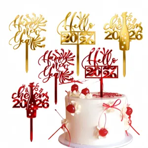 Acrylic Happy New Year Cake Topper 2027 Gold Red Mirror Texture Cake Inserts For Party Celebration Dessert Decorations