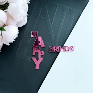 Lot de cake topper joyeux anniversaire en acrylique rose style INS, idéal pour les desserts.