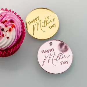 Acrylic Mother's Day cake topper set, mirror gold and pink round dessert decorations.