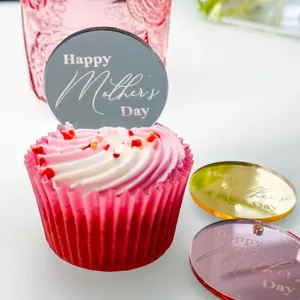 Acrylic Mother's Day cake topper detailed view, reflective round dessert decoration piece.