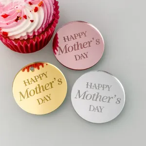 Acrylic Mother's Day cake toppers, mirror round gold silver pink party decorations.