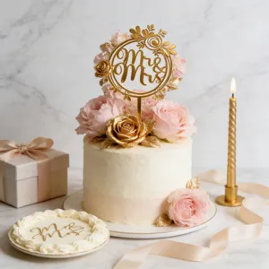 Goldene Acryl Mr Mrs Hochzeit Torte Topper mit rosa Rosen und Kerze für Brautparty Dekoration
