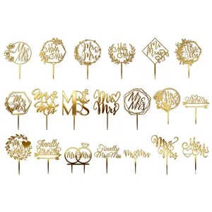 Gold acrylic Mr & Mrs wedding cake toppers assorted designs for bridal shower party decor.