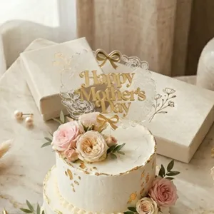 Mother's Day acrylic cake topper detail showcase with elegant golden floral pattern.