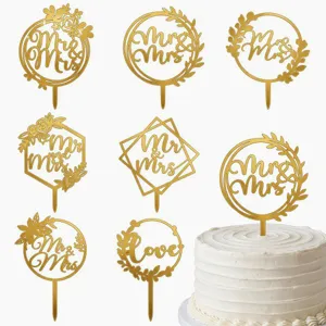 Moderne Gold Acryl Mr Und Mrs Kuchendekoration Elegant Spiegel Hohl Geschnitten Blumen Hochzeit Verlobung Party Deko Zubehör