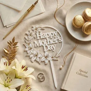 Detail view of the acrylic Happy Mother's Day cake topper with floral wreath design.