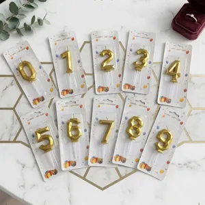 Gold diamond number candles set for birthday cake decoration, stylish 0-9 party decor.