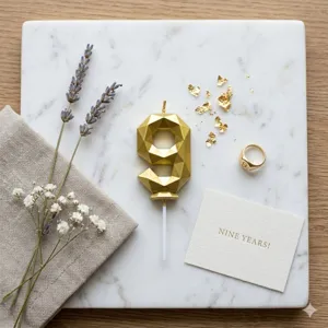 Gold geometric number 9 birthday cake candle detail view, elegant party decoration prop.