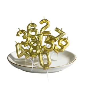 Gold 3D geometric number candles diamond shape birthday cake party decoration set