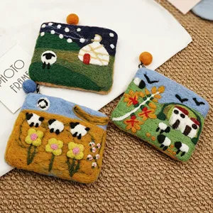 Handmade wool felt coin purse, cute sheep yurt landscape design, small storage pouch for cards.