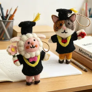 Handmade wool felt graduation animal hanging ornaments cute sheep and cat backpack pendant