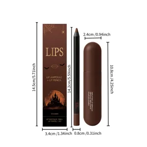 Détails de taille de l'ensemble brillant et crayon à lèvres chocolat, dimensions claires.