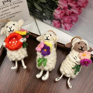 Handcrafted wool felt sheep keychain cute floral hanging ornament bag pendant gift decor